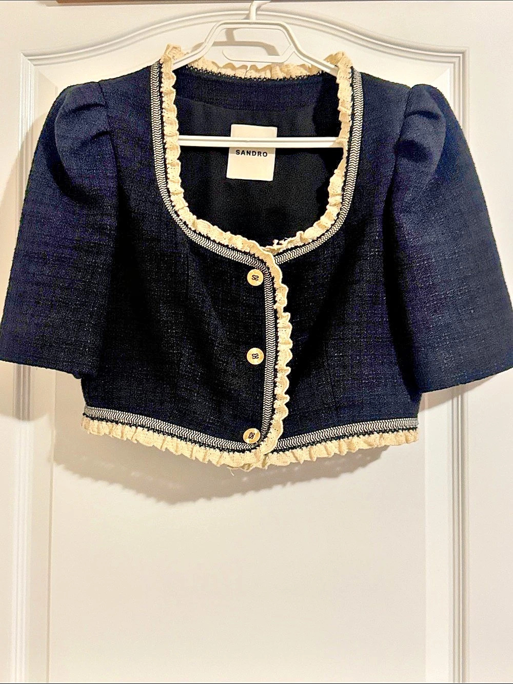 Sandro Ruffle-trimmed Cropped Tweed Jacket Black